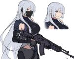  1girl 3_small_spiders absurdres ak-15 ak-15_(girls&#039;_frontline) assault_rifle bangs black_gloves black_pants black_shirt braid closed_mouth girls&#039;_frontline gloves gun hair_between_eyes hair_over_one_eye highres holding holding_gun holding_weapon kalashnikov_rifle long_hair mask mouth_mask pants purple_eyes purple_hair rifle shirt simple_background single_sleeve sketch solo trigger_discipline weapon white_background 