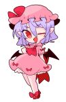  1girl ;d ascot bare_legs bat_wings bow dress hat mob_cap one_eye_closed op_na_yarou open_mouth pink_dress pink_headwear red_bow red_eyes red_footwear red_ribbon remilia_scarlet ribbon sash short_dress short_sleeves simple_background smile touhou underskirt white_background wings 