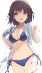  1girl bikini bottle breasts brown_hair cleavage collarbone dress_shirt halterneck highres looking_at_viewer medium_breasts mochigome_(ununquadium) open_clothes open_shirt original ramune red_eyes shirt short_hair side-tie_bikini simple_background smile solo splashing swimsuit thigh_gap water white_background 