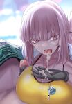  1boy 1girl bangs black_gloves breasts censored cleavage cum cum_in_mouth cum_on_hands eyebrows_visible_through_hair fate/grand_order fate_(series) florence_nightingale_(fate) gachou gloves highres huge_breasts long_hair looking_at_viewer male_swimwear mosaic_censoring open_mouth penis pink_hair pov red_eyes swimsuit tongue tongue_out whistle yellow_swimsuit 
