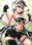  1girl :d animal_ear_fluff animal_ears arknights armpits asymmetrical_legwear bandeau bangs bare_shoulders belt black_bandeau black_gloves black_hair black_legwear black_shorts breasts cabbie_hat checkered checkered_headwear cleavage cliffheart_(arknights) collarbone commentary cowboy_shot eyebrows_visible_through_hair gloves grappling_hook grey_belt grey_eyes hair_between_eyes hands_up hat highres holding holding_rope jewelry leopard_ears leopard_girl leopard_tail light_blush looking_at_viewer midriff multicolored_hair navel necklace on_(yattemasu) open_mouth oripathy_lesion_(arknights) rope short_hair short_shorts shorts sidelocks silver_hair single_sock single_thighhigh skindentation sleeveless_duster small_breasts smile socks solo standing standing_on_one_leg streaked_hair tail thighhighs upper_teeth white_headwear 