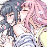  2girls artist_name blue_hair blush closed_eyes eyebrows_visible_through_hair heart jewelry licking licking_ear long_hair magia_record:_mahou_shoujo_madoka_magica_gaiden mahou_shoujo_madoka_magica multiple_girls nanami_yachiyo off_shoulder pink_hair ring studiozombie sweat tamaki_iroha translation_request yuri 