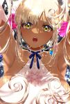  1girl armpits arms_up bangs bare_shoulders blonde_hair blue_neckwear blue_ribbon breasts close-up dark-skinned_female dark_skin dress earrings elbow_gloves eyelashes fangs gloves highres hololive hololive_english jewelry large_breasts long_hair looking_at_viewer mamaloni neck_ribbon open_mouth parted_bangs planet_hair_ornament portrait ribbon shiny shiny_clothes shiny_hair shiny_skin simple_background single_earring solo sparkle symbol-only_commentary tsukumo_sana twintails virtual_youtuber white_background white_dress white_gloves yellow_eyes 