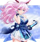  1girl animal_ears bangs bare_shoulders blue_dress breasts cleavage dress earrings fox_ears gloves grin hair_between_eyes highres holding holding_sword holding_weapon honkai_(series) honkai_impact_3rd jewelry katana long_hair looking_at_viewer open_mouth pink_hair ponnyu12 ponytail purple_eyes sheath sheathed sleeveless sleeveless_dress smile solo sword teeth weapon white_gloves yae_sakura yae_sakura_(goushinnso_memento) 