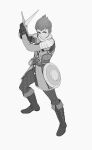  1boy alternate_costume armor bangs belt boot_straps boots buttons chainmail closed_mouth commentary fighting_stance full_body gloves greyscale highres holding holding_sword holding_weapon hop_(pokemon) kazuko_(towa) legs_apart male_focus monochrome pokemon pokemon_(game) pokemon_swsh pouch shield short_hair shoulder_armor simple_background solo standing studs sword weapon white_background 