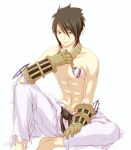  1boy asymmetrical_hair bangs barefoot belt black_belt black_eyes black_gloves black_hair closed_mouth commentary_request emblem foot_out_of_frame gauntlets gloves hair_between_eyes jewelry looking_at_viewer male_focus mit_(necomit) necklace no_nipples pants ragnarok_online shirtless short_hair simple_background sitting smile solo sura_(ragnarok_online) white_background white_pants 