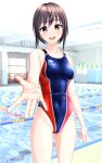  1girl absurdres blue_swimsuit brown_hair clothes_writing commentary_request competition_swimsuit cowboy_shot foreshortening highleg highleg_swimsuit highres indoors lane_line multicolored_clothes multicolored_swimsuit one-piece_swimsuit original pool red_eyes short_hair smile solo string_of_flags swimsuit takafumi 