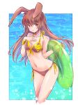  1girl :o animal_ears bangs bikini blush border breasts brown_eyes cropped_legs halterneck hand_on_own_chest highres holding holding_innertube iesupa innertube long_hair navel rabbit_ears rabbit_girl rabbit_tail rwby side-tie_bikini solo straight_hair string_bikini swimsuit tail velvet_scarlatina water white_border 