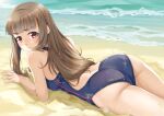  ass beach blush brown_hair idolmaster idolmaster_cinderella_girls kamiya_nao long_hair miri_(ago550421) red_eyes swimsuit water wet 