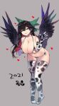  1girl 2021 absurdres animal_print bikini bird_wings black_hair black_wings bow breasts chinese_zodiac cleavage closed_eyes closed_mouth cow_print elbow_gloves facing_viewer gloves green_bow grey_background hair_bow heart highres huge_breasts long_hair micro_bikini mikomo0106 reiuji_utsuho side-tie_bikini skindentation smile solo swimsuit thighhighs touhou wings year_of_the_ox 