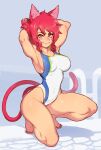  1girl animal_ears armpits arms_up bare_legs breasts cat_ears cat_girl cat_tail closed_mouth commentary competition_swimsuit covered_nipples english_commentary facial_mark full_body highres kollerss kollie_(kollerss) large_breasts looking_at_viewer medium_hair nail_polish one-piece_swimsuit original pink_eyes pink_hair pink_pupils pool_ladder red_nails smile solo squatting swimsuit tail toenail_polish toenails whisker_markings 