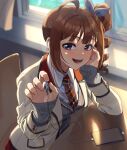  1girl ahoge bangs blazer blue_ribbon brown_hair cellphone classroom commentary desk dress_shirt drill_hair earbuds earphones giving grey_sweater hair_ribbon half-closed_eyes head_rest highres holding idolmaster idolmaster_million_live! indoors jacket kamille_(vcx68) light_particles light_rays long_sleeves looking_at_viewer medium_hair nail_polish open_clothes open_jacket open_mouth phone purple_eyes ribbon school_desk school_uniform shirt side_ponytail sidelocks sitting smartphone smile solo sunlight sweater v-neck white_jacket white_shirt window window_shade wing_collar yokoyama_nao 