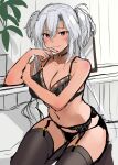  1girl absurdres arm_rest black_bra black_panties blush bra breasts choker garter_belt grey_hair hair_between_eyes highres kantai_collection lace-trimmed_bra lace-trimmed_garter_belt lace_trim large_breasts lingerie long_hair looking_at_viewer musashi_(kancolle) panties red_eyes sketch smile solo tan thighhighs thighs two_side_up underwear underwear_only yunamaro 