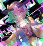  1girl black_headwear blue_shirt bow chiroru_(cheese-roll) eyebrows_visible_through_hair frilled_sleeves frills fusion glitch green_eyes green_hair hand_on_own_chest hat hat_bow heart highres komeiji_koishi komeiji_satori long_sleeves looking_at_viewer pink_eyes pink_hair revealing_layer shirt short_hair third_eye touhou upper_body wide_sleeves yellow_bow yellow_shirt 