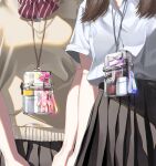  2girls airpods bow bowtie brown_hair case chikapuka close-up highres lanyard makeup medium_hair multiple_girls original pleated_skirt red_neckwear shirt_tucked_in short_sleeves skirt sticker striped striped_neckwear sweater upper_body yellow_sweater 