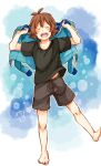  1boy :d antenna_hair aoya_(ayoyame18) bangs barefoot blue_jacket blush brown_hair closed_eyes commentary_request hands_up hilbert_(pokemon) holding holding_clothes holding_jacket jacket jacket_removed knees male_focus open_mouth pokemon pokemon_(game) pokemon_bw shirt short_hair short_sleeves shorts smile solo standing standing_on_one_leg t-shirt toes tongue upper_teeth 