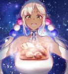  1girl bread bread_slice breasts brown_eyes dark-skinned_female dark_skin elbow_gloves food food_on_breasts gloves highres hololive hololive_english large_breasts long_hair pochi_(pochi-goya) sky star_(sky) starry_sky tsukumo_sana twintails virtual_youtuber 