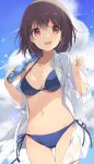  1girl bikini blue_sky bottle breasts brown_hair cleavage cloud collarbone commentary_request dress_shirt halterneck highres looking_at_viewer medium_breasts mochigome_(ununquadium) open_clothes open_shirt original ramune red_eyes shirt short_hair side-tie_bikini sky smile solo splashing swimsuit thigh_gap water 