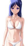  1girl :d absurdres bangs bare_arms bare_shoulders bikini blue_hair breasts cleavage collarbone groin hair_down halterneck highres long_hair looking_at_viewer love_live! love_live!_sunshine!! matsuura_kanan medium_breasts navel open_mouth purple_eyes simple_background smile solo swimsuit ta_02ss white_background white_bikini white_swimsuit 