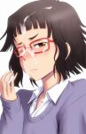  1girl blush bonnie_(rsg) brown_eyes brown_hair closed_mouth collared_shirt cum cum_on_eyewear cum_on_hair dress_shirt facial frown glasses long_sleeves one_eye_closed oshiete!_galko-chan otako_(galko) purple_sweater red-framed_eyewear shiny shiny_hair shirt short_hair simple_background sleeves_past_wrists solo sweater upper_body white_background white_shirt wing_collar 