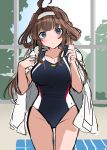  1girl absurdres ahoge blue_eyes blush breasts brown_hair commentary groin headband highres jacket jacket_on_shoulders kantai_collection kongou_(kancolle) large_breasts looking_at_viewer one-piece_swimsuit short_hair sidelocks sketch solo swimsuit swimsuit_under_clothes thighs white_headband yunamaro 