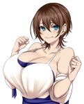  1girl arms_up bangs bare_shoulders blue_eyes blue_skirt blush breasts brown_hair camui_kamui cleavage clenched_hands collarbone commentary_request grin hair_between_eyes halterneck hands_up highres huge_breasts keno_(keno_ch) original short_hair short_sleeves skirt smile tank_top upper_body w white_tank_top wide_sleeves 