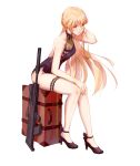  1girl absurdres backless_dress backless_outfit bangs bare_arms black_footwear blonde_hair breasts chinese_commentary closed_mouth commentary_request dress eyebrows_visible_through_hair full_body garters girls&#039;_frontline gun hand_on_knees high_heels highres long_hair looking_at_viewer mudined orange_eyes ots-14 ots-14_(girls&#039;_frontline) purple_dress rifle side_slit simple_background sitting skindentation small_breasts solo suitcase very_long_hair weapon white_background 