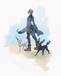  1boy absurdres blonde_hair blue_coat boots coat commentary espeon gen_2_pokemon grey_footwear grey_pants highres holding holding_poke_ball kazuko_(towa) knee_pads long_sleeves looking_to_the_side male_focus pants poke_ball poke_ball_(basic) pokemon pokemon_(creature) pokemon_(game) pokemon_colosseum short_hair standing umbreon visor wes_(pokemon) 
