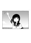  1girl absurdres bad_id bad_pixiv_id fubuki_(kancolle) greyscale highres kantai_collection ma_rukan monochrome school_uniform serafuku short_hair short_sleeves sidelocks solo waving 