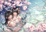  2girls bell black_hair breasts cherry_blossoms cleavage flowers hinoa minoto monster_hunter petals pointed_ears see_through sha twins water yellow_eyes 
