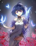  1girl :d absurdres antenna_hair bangs bare_shoulders blue_butterfly blue_eyes blue_gloves blue_hair breasts bug butterfly china_dress chinese_clothes cleavage dress flower gloves glowing_butterfly hair_between_eyes hair_flower hair_ornament highres honkai_(series) honkai_impact_3rd insect linxi looking_at_viewer open_mouth seele_vollerei seele_vollerei_(stygian_nymph) short_hair single_glove sleeveless sleeveless_dress smile solo spider_lily white_dress white_flower 