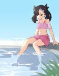  1girl arm_support asymmetrical_bangs bangs barefoot black_hair closed_mouth commentary earrings green_eyes highres jewelry long_hair looking_down marnie_(pokemon) outdoors pink_swimsuit pokemon pokemon_(game) pokemon_swsh poyo_party sitting solo swimsuit tied_hair toes twintails water 