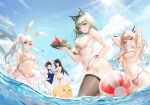  animal_ears arknights ball bikini black_hair blue_eyes blush brown_hair bunny_ears catgirl clouds food fruit gray_hair group kal&#039;tsit_(arknights) long_hair ponytail qyan short_hair sky swimsuit tagme_(character) talulah_(arknights) thighhighs water 