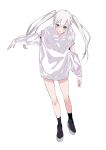  1girl aqua_eyes black_footwear highres long_hair no_pants open_mouth original reflective_clothes shiomi_(lowrise) simple_background solo twintails white_background white_hair white_theme zipper zipper_pull_tab 