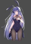  1girl absurdres animal_ears arm_strap ass_visible_through_thighs azur_lane bare_shoulders bodystocking fake_animal_ears grey_background hasana highres leotard long_hair looking_at_viewer new_jersey_(azur_lane) playboy_bunny purple_eyes purple_leotard rabbit_ears see-through simple_background skin_tight solo strapless very_long_hair 