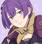  1girl bernadetta_von_varley bow breasts cleavage close-up earrings fire_emblem fire_emblem:_three_houses gloves grey_eyes hair_bow highres jewelry looking_at_viewer peach11_01 purple_gloves purple_hair purple_shirt shirt short_hair smile solo two-tone_gloves yellow_gloves 