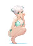  1girl aduo bare_shoulders barefoot bikini blush breasts cleavage double_bun green_bikini green_eyes halterneck highres large_breasts looking_at_viewer original parted_lips side-tie_bikini silver_hair simple_background squatting swimsuit toes 