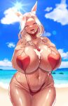  1girl absurdres animal_ear_fluff animal_ears beach belly between_breasts blue_eyes blush breast_suppress breasts cloud cloudy_sky cor369 cowboy_shot cream food food_on_face fruit groin head_tilt heart heart-shaped_pupils highres huge_breasts medium_hair navel ocean original platinum_blonde_hair plump rabbit_ears rabbit_girl shiny shiny_skin sky slingshot_swimsuit solo strawberry suggestive_fluid sun sweat swimsuit symbol-shaped_pupils tongue tongue_out 