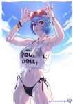  1girl ass_visible_through_thighs ayanami_rei backlighting bangle bangs biceps bikini black_bikini blue_hair bracelet breasts clothes_writing cloud cowboy_shot crop_top crop_top_overhang eyewear_on_head hair_between_eyes holding holding_eyewear jewelry kajin_(kajinman) looking_at_viewer medium_breasts midriff multiple_rings navel navel_piercing necklace neon_genesis_evangelion open_mouth outdoors piercing print_shirt red-tinted_eyewear red_eyes rimless_eyewear ring shiny shiny_skin shirt short_hair side-tie_bikini sky sleeveless sleeveless_shirt solo sparkle striped striped_bikini summer sunglasses sweat swimsuit thumb_ring tinted_eyewear wet wet_clothes wet_shirt white_shirt 