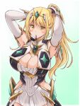  1girl bangs bare_legs bare_shoulders blonde_hair breasts chest_jewel cleavage cleavage_cutout clothing_cutout dress earrings elbow_gloves gloves highres jewelry kurokaze_no_sora large_breasts long_hair mythra_(xenoblade) ponytail short_dress solo swept_bangs thigh_strap tiara very_long_hair white_dress white_gloves xenoblade_chronicles_(series) xenoblade_chronicles_2 yellow_eyes 
