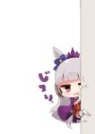  1girl animal_ears bangs blue_bow bow cape chibi cracked_wall crown ear_bow ear_covers eyebrows_visible_through_hair gold_ship_(umamusume) grey_hair highres horse_ears horse_girl horse_tail jacket looking_at_viewer mini_crown muuran pants peeking_out pink_eyes purple_cape red_jacket solo tail translation_request umamusume white_background white_pants 