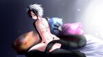  1boy abs bangs bed_sheet black_hair blue_eyes blush claws closed_mouth completely_nude dragon_boy dragon_horns dragon_tail g_(genesis1556) highres horns indoors looking_at_viewer male_focus multicolored_hair nipples nude on_bed original pillow rio_(g_(genesis1556)) short_hair_with_long_locks sitting solo tail tail_censor two-tone_hair white_hair yokozuwari 