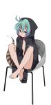  1girl alternate_costume bare_legs barefoot black_hoodie blue_eyes blue_hair blue_nails casual eyebrows_visible_through_hair highres hood hood_down hoodie kemono_friends long_sleeves looking_at_viewer nail_polish nanana_(nanana_iz) open_clothes open_hoodie short_hair snake_tail solo tail toenail_polish toenails tsuchinoko_(kemono_friends) 