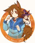  1boy 1girl :d animal_ears aoya_(ayoyame18) bangs blue_eyes blue_jacket brown_eyes brown_hair closed_mouth collar commentary_request fang fang_out hair_between_eyes hands_up hat highres hilbert_(pokemon) hilda_(pokemon) jacket long_sleeves open_mouth paw_pose pokemon pokemon_(game) pokemon_bw purple_headwear sidelocks smile tail tongue witch_hat wristband 