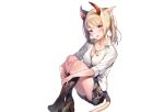  animal_ears bicolored_eyes blonde_hair blush boots breasts catgirl cleavage final_fantasy final_fantasy_xiv horns midorikawa_you miqo&#039;te necklace ponytail school_uniform shirt skirt tail white 
