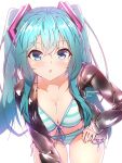  1girl bangs bent_over bikini black_jacket blue_eyes blue_hair blush breasts cleavage collarbone commentary cowboy_shot eyebrows_visible_through_hair floating_hair front-tie_bikini front-tie_top groin hair_between_eyes hair_ornament halkawa501 hand_on_hip hatsune_miku highres jacket long_hair long_sleeves looking_at_viewer medium_breasts navel open_clothes open_jacket open_mouth shiny shiny_hair side-tie_bikini simple_background solo standing striped striped_bikini swimsuit thigh_gap twintails very_long_hair vocaloid white_background 
