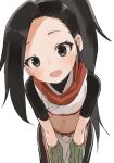  1girl :d bangs black_eyes black_hair commentary_request crop_top forehead head_tilt highres kunoichi_tsubaki_no_mune_no_uchi leaning_forward long_hair looking_at_viewer midriff navel open_mouth ponytail red_scarf scarf short_sleeves simple_background smile solo tsubaki_(kunoichi_tsubaki_no_mune_no_uchi) very_long_hair white_background yamamoto_souichirou 