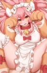 1girl :3 :d animal_ear_fluff animal_ears animal_hands apron bell breasts cat_hair_ornament cat_paws fang fate/grand_order fate_(series) fox_ears fox_girl fox_tail gloves hair_ornament highres horokusa_(korai) jingle_bell large_breasts long_hair lying naked_apron neck_bell on_back orange_eyes paw_gloves paw_shoes pink_hair single_thighhigh smile solo tail tamamo_(fate) tamamo_cat_(fate) thighhighs white_apron white_legwear yellow_eyes 