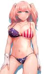  1girl absurdres american_flag_bikini atlanta_(kancolle) bikini blue_eyes blush breasts brown_hair cleavage collarbone earrings embarrassed fingerless_gloves flag_print gloves highres jewelry kantai_collection large_breasts long_hair looking_at_viewer miyako_(00727aomiyako) navel simple_background solo standing star_(symbol) star_earrings swimsuit twintails white_background 