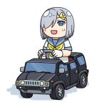  1girl blue_eyes car commentary_request driving grey_sailor_collar ground_vehicle hair_ornament hair_over_one_eye hairclip hama!_(3toshinhmkz) hamakaze_(kancolle) hummer hummer_h2 kantai_collection motor_vehicle neckerchief no_nose sailor_collar school_uniform serafuku short_hair silver_hair simple_background solo white_background yellow_neckwear 